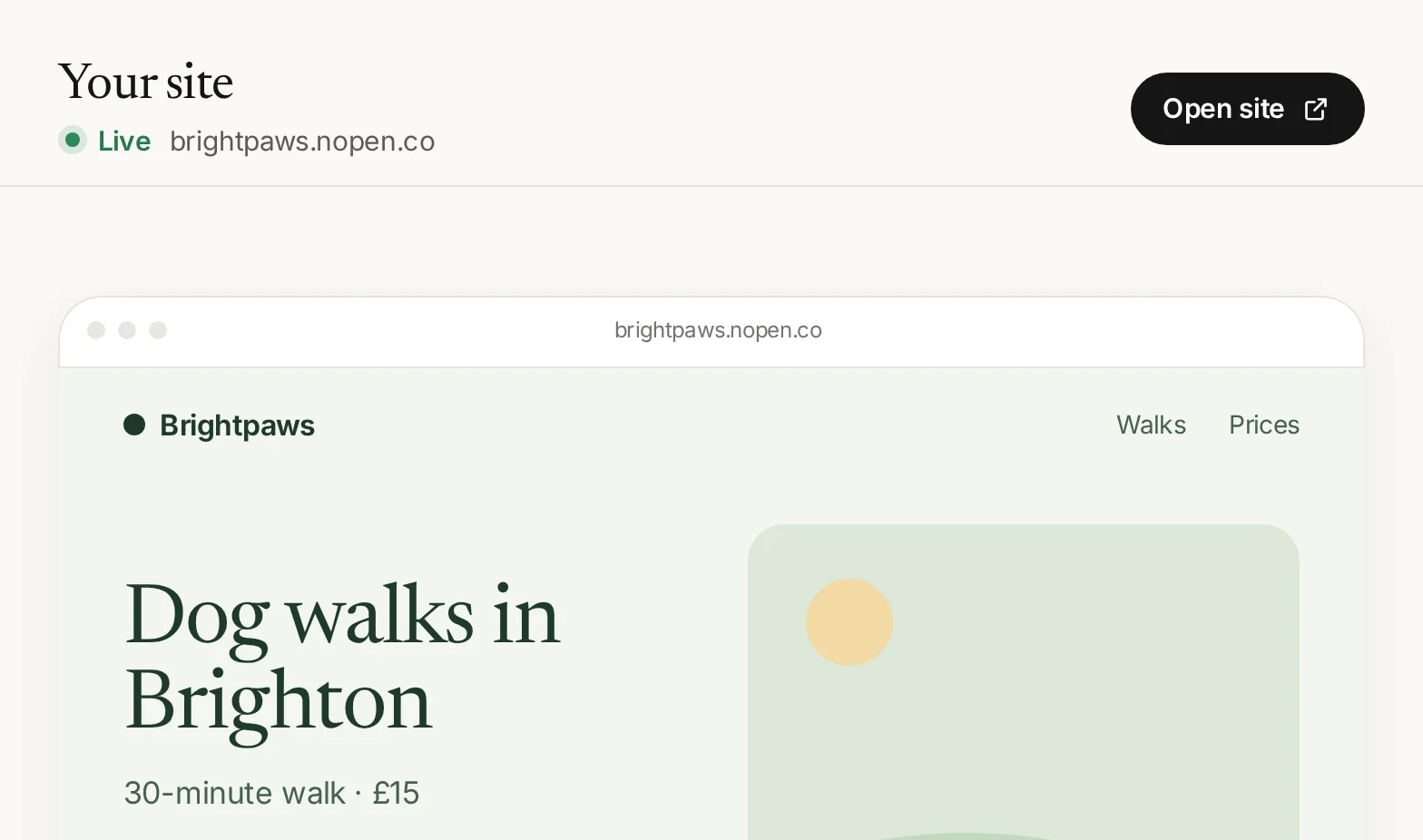 Example of the Your site screen in the workspace: the site is live at its nopen.co address, with a preview of its front page.